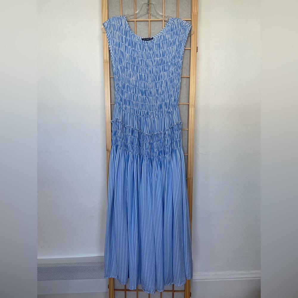 J. Crew Blue and White Striped Smocked Maxi Dress